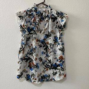 C by One White Floral V-neck Top Blue and Orange Boho Cottagecore Artsy Eclectic